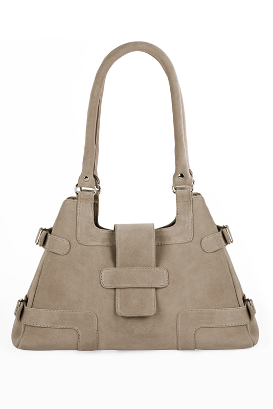 Sand beige women's dress handbag, matching pumps and belts. Worn view - Florence KOOIJMAN